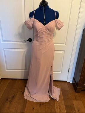 Blush Off-Shoulder Prom Gown with Side Slit